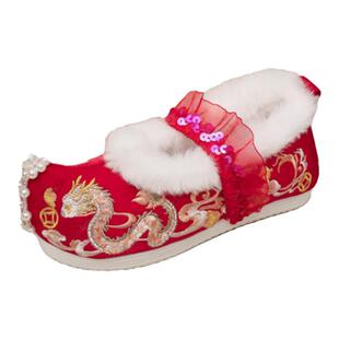 儿童汉服鞋子冬季棉鞋加绒翘头童鞋古装表演出唐装鞋女童绣花鞋