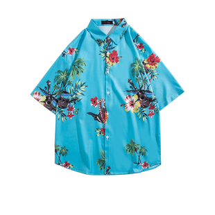 港风复古vintage花衬衫短袖三亚夏威夷风设计感痞帅宽松衬衣男女