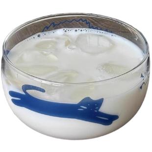 猫狗双全ins风手绘高颜值高硼硅玻璃碗耐高温酸奶碗甜品碗早餐碗