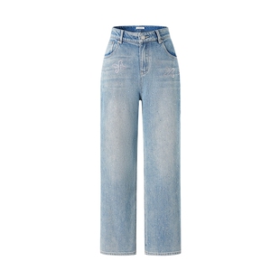 MOISSAC丹宁系列春棉混纺复古烫钻LOGO直筒牛仔长裤女