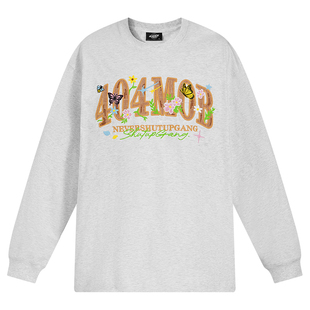 404MOB美式重工花卉蝴蝶刺绣长袖T恤男潮流休闲百搭基础圆领上衣