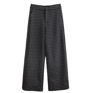 花吉L070黑灰色加厚加绒格子条纹休闲裤女2026新款春格纹仿呢裤