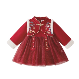 [抗菌锁温]女童国风唐装宝宝红色加绒裙子拜年服儿童春秋连衣裙女