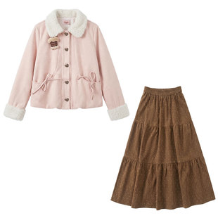 织物猪 百利甜酒 甜美风粉色麂皮绒外套女冬季短款夹棉夹克棉服