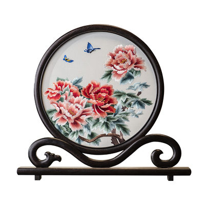 苏州刺绣桌面摆件实木礼品新中式