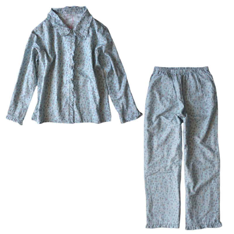A类日系纯棉双层纱布春秋花边翻领家居服秋季宽松碎花睡衣套装女
