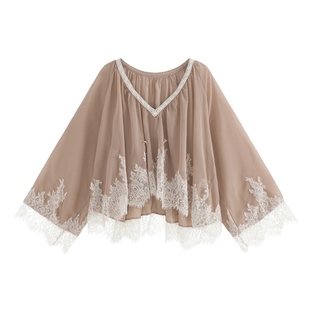 AZure定制激光蕾丝喇叭袖雪纺V领法式蕾丝上衣大裙摆拼接蕾丝吊带