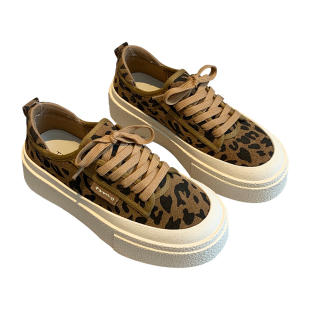 板鞋女鞋2025年春季新款时尚磨砂真皮系带豹纹厚底ins休闲鞋女潮