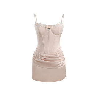 Mummy Cat下蛋喵 鱼骨掐腰性感蕾丝褶皱吊带短款连衣裙