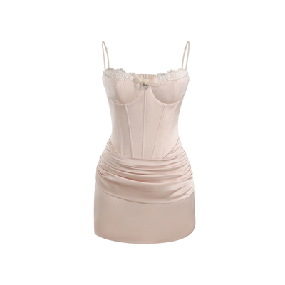 Mummy Cat下蛋喵 鱼骨掐腰性感蕾丝褶皱吊带短款连衣裙