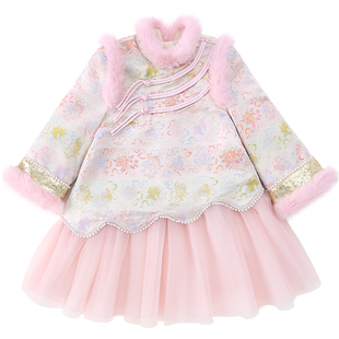 米米哈罗女童新年装旗袍裙儿童加绒公主裙冬装2025新款女孩连衣裙