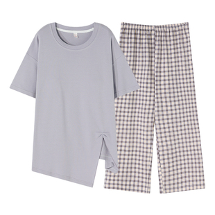 可人儿睡衣女款2024新款夏季纯棉短袖带胸垫七分裤学生家居服套装