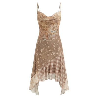 CIDER碎花格纹荡领褶边中长款吊带连衣裙女装114802146