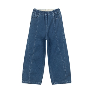 马拉丁童装儿童裤子冬装新款女童大童撞色加绒弯刀裤型牛仔长裤