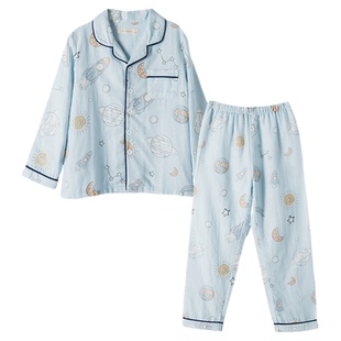 儿童家居服2026新款A类中大童春季长袖套装男孩纯棉纱布男童睡衣