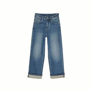 腿型加分！~两穿翻边直筒牛仔裤女秋冬加绒加厚小个子宽松九分裤