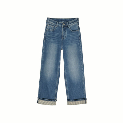 腿型加分！~两穿翻边直筒牛仔裤