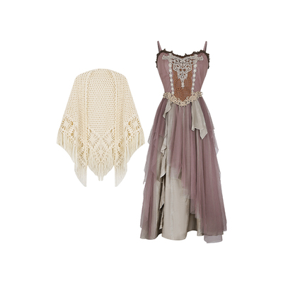 安妮不火  vintage拼贴水溶蕾丝网纱拼接裙微胖大码名族风吊带裙