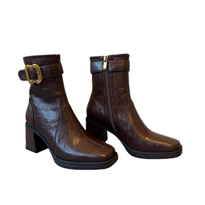 真皮版~棕色粗跟高跟方头短靴女