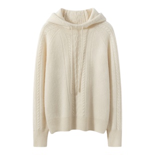 2025秋冬新款100%纯山羊绒衫女插肩抽绳外穿麻花纯色套头针织帽衫
