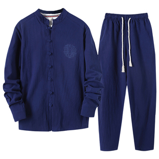 中国风男士亚麻套装复古唐装长袖男青年相声大褂盘扣古风男装长裤