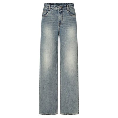 春精工烫钻高腰直筒全棉牛仔裤