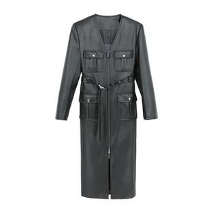 YOUWEI有尾2024冬季复古亮面长款皮大衣女机车风衣Y3924412