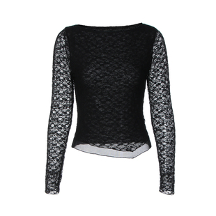 纯欲风黑色蕾丝长袖上衣2025秋季新款辣妹时尚修身显瘦短款T恤 潮