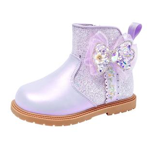 芭比童鞋女童靴子2025新款冬季加绒棉靴小女孩水晶公主靴儿童短靴