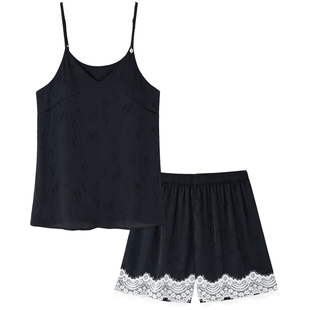 思莉太太吊带睡衣女冰丝黑色性感纯欲风带胸垫夏天无袖短裤两件套