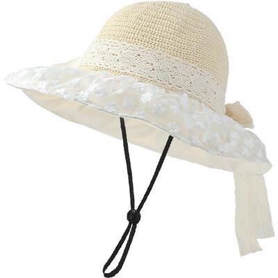 畹町甜美蝴蝶结蕾丝草帽遮阳帽