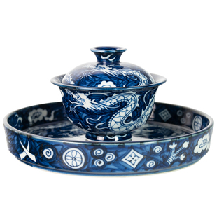 圣山仿古元青花琥珀釉满工龙纹盖碗套组景德镇手绘青花盖碗茶具