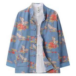 春季中国风装牛仔仙鹤印花外套唐装盘扣外套复古汉服宽松大码上衣