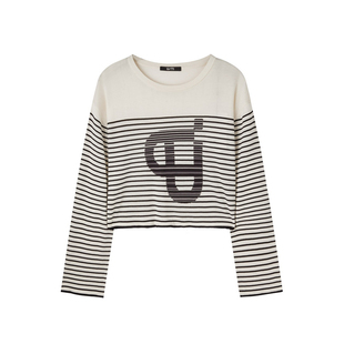 U/TI圆领黑白条纹短款针织衫女装莱赛尔印花毛衫尤缇2025秋季新款