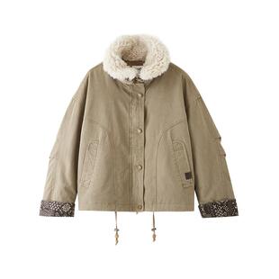 三福加厚外套2025新款冬季可拆毛绒翻领宽松保暖派克服女装850799