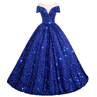 一字肩晚礼服女亮片奢华高级感舞台独唱演出服声乐艺考年会蓬蓬裙