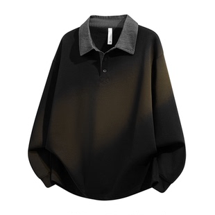 拉夏贝尔美式牛仔领拼接卫衣加绒冬季男女polo衫复古撞色廓形大码