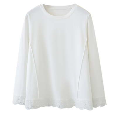大码纯棉蕾丝拼接长袖T恤打底衫