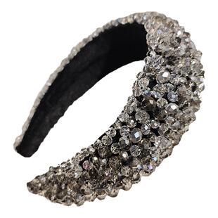 原创手缝灰色水晶发箍女宽边压发头箍气质发卡女网红饰品镶钻头饰