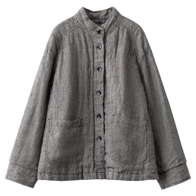 梭家|手写素色|新雪丽棉服高效保暖 复古亚麻黑灰长袖女士外套