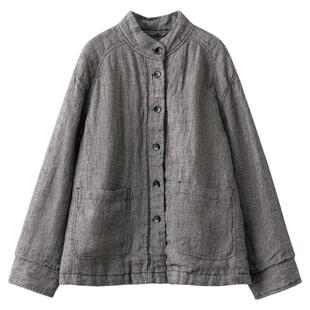 梭家｜手写素色｜新雪丽棉服高效保暖 复古亚麻黑灰长袖女士外套