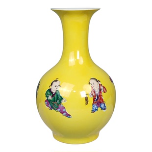 景德镇陶瓷器黄底黄釉花瓶富贵吉祥百子图黄地七子童子婴戏图家居