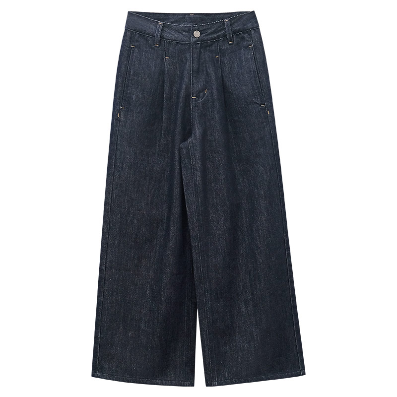 一三良品小个子 气质通勤复古百搭显瘦深蓝色牛仔裤阔腿裤子女秋