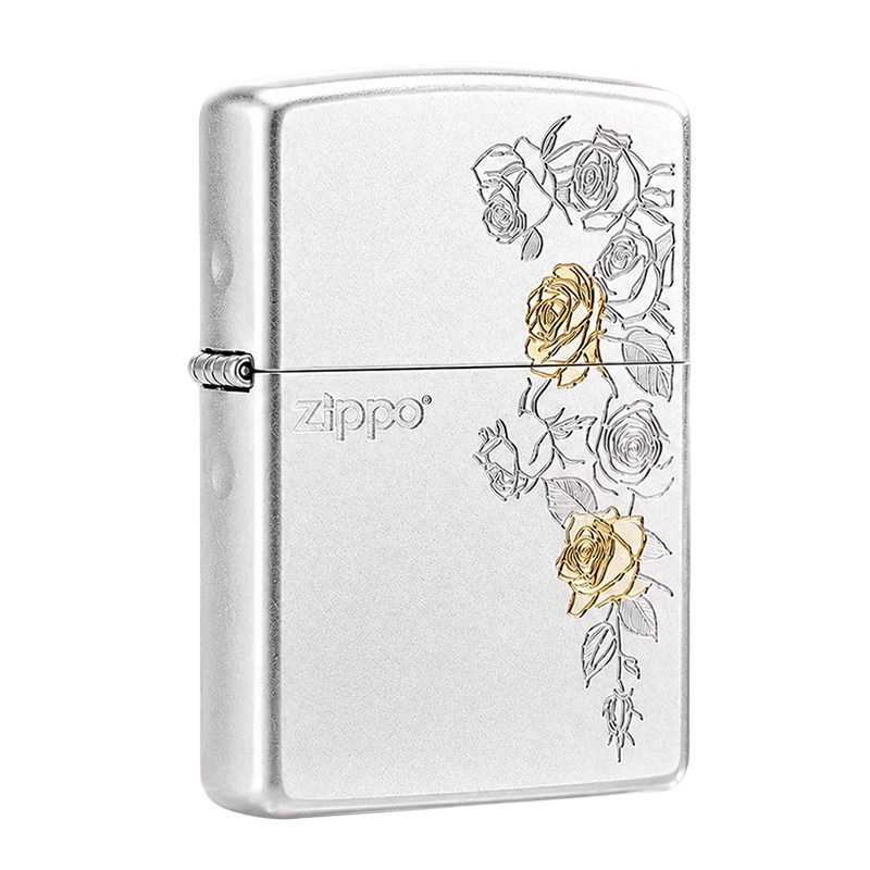 ZIPPO刀刻银金落金玫瑰