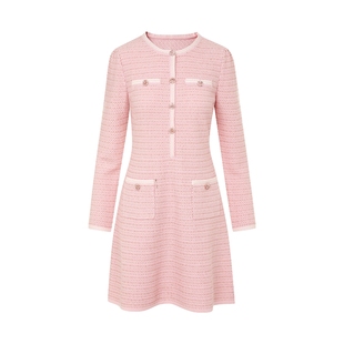 莱茵福莱尔2025秋冬新款轻奢高级感长袖钻扣法式粉色针织连衣裙女