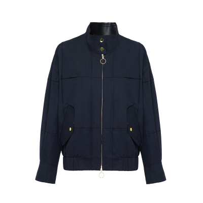 REINEREN任茜设计师款秋冬藏青色拼皮立领工装磨毛绒感夹克外套