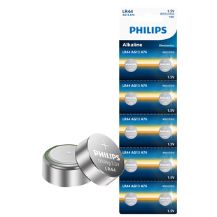 飞利浦LR44纽扣电池原装AG13 L1154f A76 357a SR44通用1.5V玩具遥控器数显游标卡尺圆形小电子碱性电池5粒