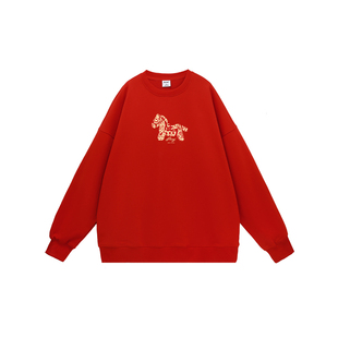 PCMY国潮小马过新年连帽红色卫衣重磅外套男女2026马年本命年衣服