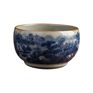 名悟柴窑手绘山水主人杯 老陶泥裂纹釉高端茶杯 带内画青花禅定杯