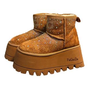 欧货水钻松糕厚底雪地靴女加绒加厚保暖大棉鞋小个子增高面包短靴